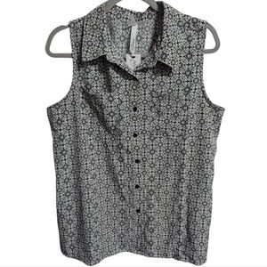 NY Collection Woman's Sleeveless Top 1X Collar Pockets Geometric Pattern W-431